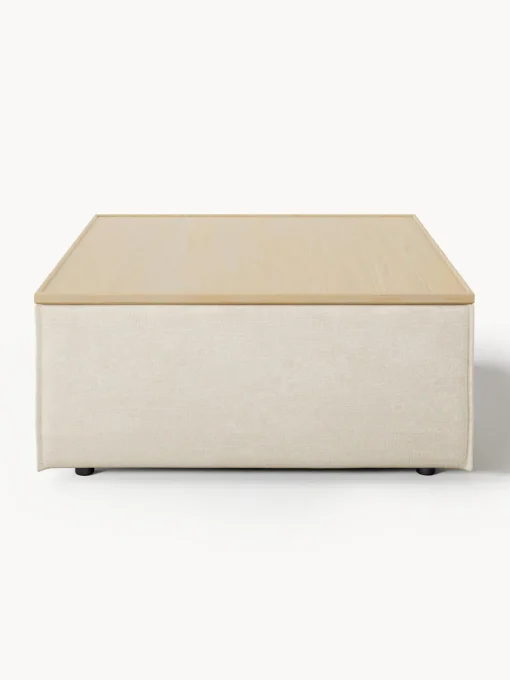 Reposapiés|Sofás>Westwing Collection Reposapiés puf de mezcla de lino con espacio de almacenamiento Lennon Mezcla de lino beige, madera de roble clara