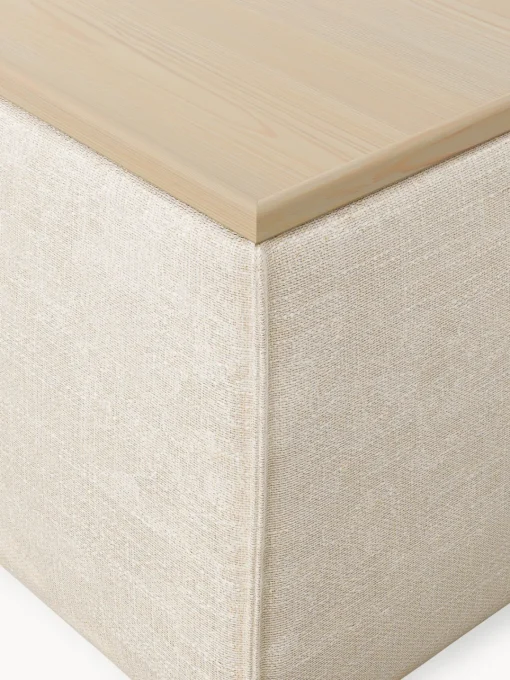 Reposapiés|Sofás>Westwing Collection Reposapiés puf de mezcla de lino con espacio de almacenamiento Lennon Mezcla de lino beige, madera de roble clara