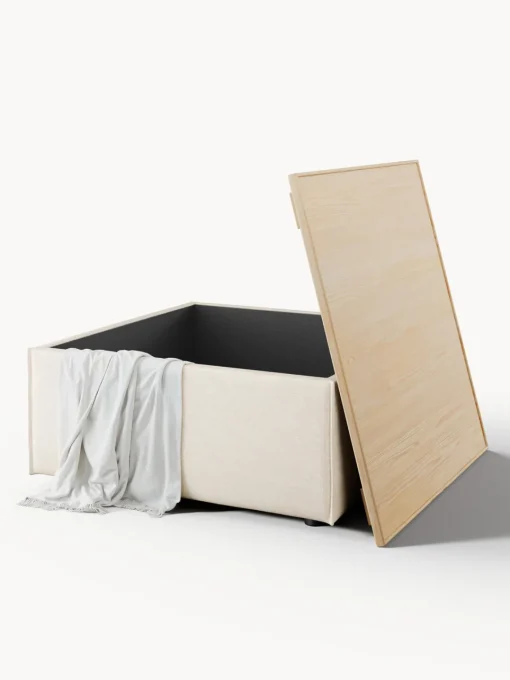 Reposapiés|Sofás>Westwing Collection Reposapiés puf de mezcla de lino con espacio de almacenamiento Lennon Mezcla de lino beige, madera de roble clara