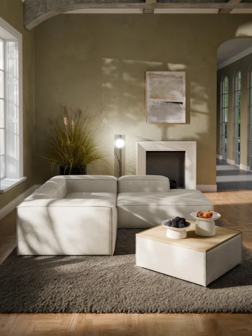 Reposapiés|Sofás>Westwing Collection Reposapiés puf de mezcla de lino con espacio de almacenamiento Lennon Mezcla de lino gris, madera de roble clara