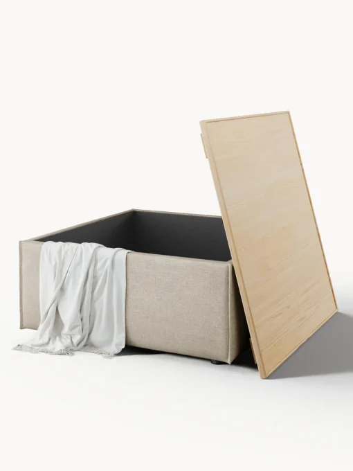 Reposapiés|Sofás>Westwing Collection Reposapiés puf de mezcla de lino con espacio de almacenamiento Lennon Mezcla de lino gris, madera de roble clara