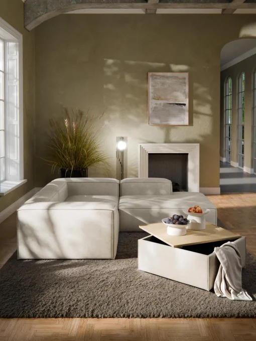Reposapiés|Sofás>Westwing Collection Reposapiés puf de mezcla de lino con espacio de almacenamiento Lennon Mezcla de lino gris, madera de roble clara