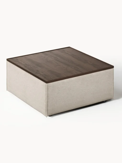 Reposapiés|Sofás>Westwing Collection Reposapiés puf de mezcla de lino con espacio de almacenamiento Lennon Mezcla de lino gris, madera de roble oscura