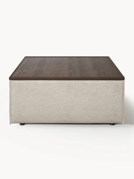 Reposapiés|Sofás>Westwing Collection Reposapiés puf de mezcla de lino con espacio de almacenamiento Lennon Mezcla de lino gris, madera de roble oscura