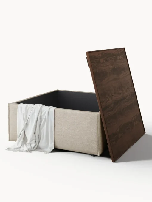 Reposapiés|Sofás>Westwing Collection Reposapiés puf de mezcla de lino con espacio de almacenamiento Lennon Mezcla de lino gris, madera de roble oscura