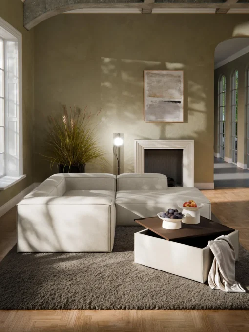 Reposapiés|Sofás>Westwing Collection Reposapiés puf de mezcla de lino con espacio de almacenamiento Lennon Mezcla de lino gris, madera de roble oscura