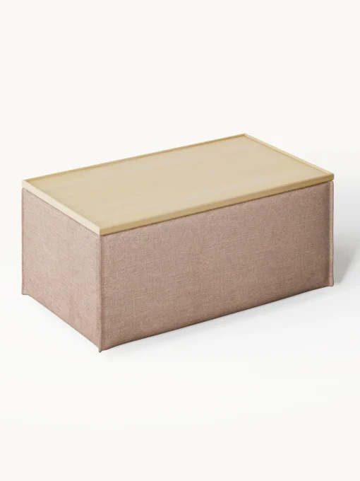 Reposapiés|Sofás>Westwing Collection Reposapiés puf de mezcla de lino con espacio de almacenamiento Lennon Mezcla de lino rojo óxido, madera de roble clara