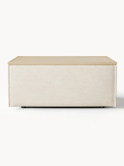 Reposapiés|Sofás>Westwing Collection Reposapiés puf de mezcla de lino con espacio de almacenamiento Lennon Mezcla de lino beige, madera de roble clara
