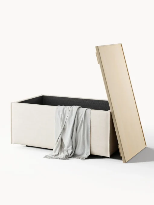 Reposapiés|Sofás>Westwing Collection Reposapiés puf de mezcla de lino con espacio de almacenamiento Lennon Mezcla de lino beige, madera de roble clara