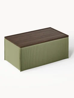 Reposapiés|Sofás></noscript>Westwing Collection Reposapiés puf de pana con espacio de almacenamiento Lennon Pana verde oliva, madera de roble oscura