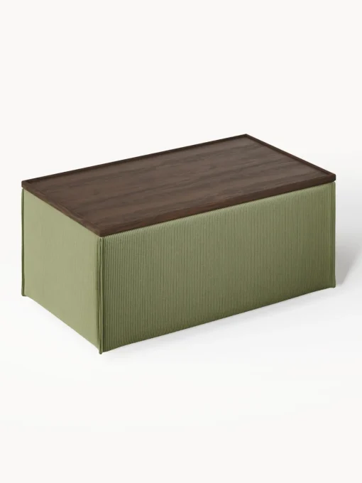 Reposapiés|Sofás>Westwing Collection Reposapiés puf de pana con espacio de almacenamiento Lennon Pana verde oliva, madera de roble oscura