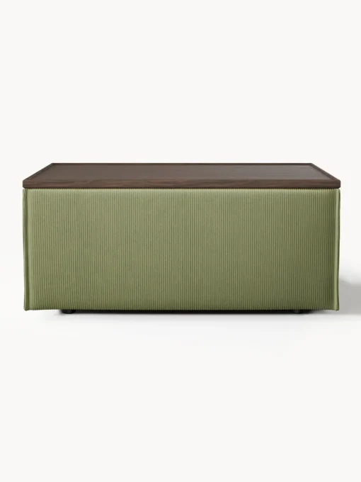 Reposapiés|Sofás>Westwing Collection Reposapiés puf de pana con espacio de almacenamiento Lennon Pana verde oliva, madera de roble oscura