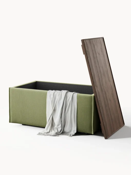 Reposapiés|Sofás>Westwing Collection Reposapiés puf de pana con espacio de almacenamiento Lennon Pana verde oliva, madera de roble oscura