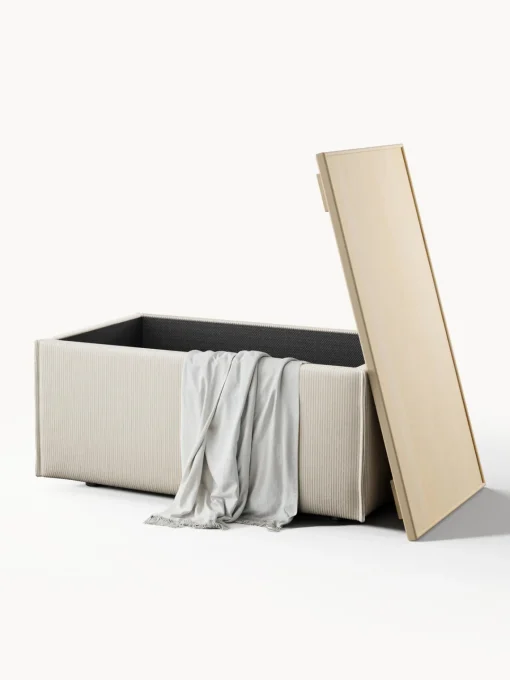 Reposapiés|Sofás>Westwing Collection Reposapiés puf de pana con espacio de almacenamiento Lennon Pana beige claro, madera de roble clara