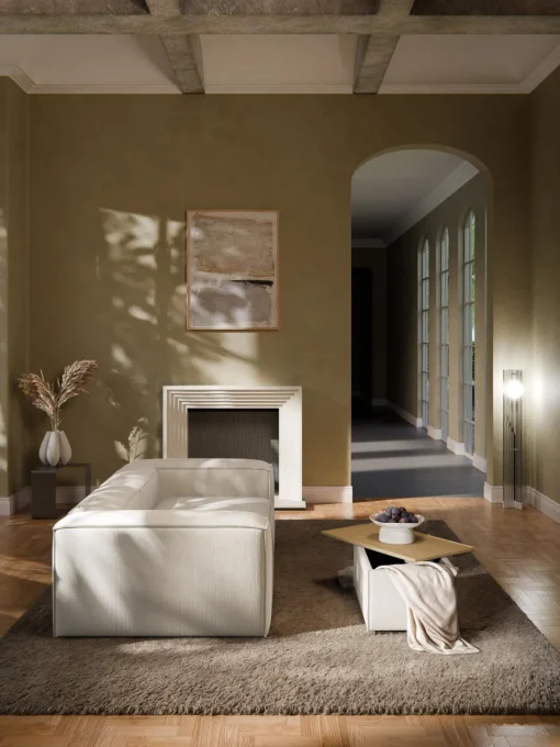 Reposapiés|Sofás>Westwing Collection Reposapiés puf de pana con espacio de almacenamiento Lennon Pana beige claro, madera de roble clara