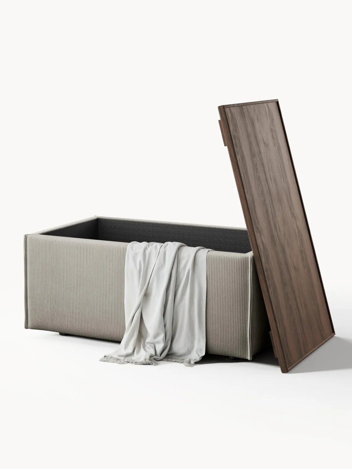 Reposapiés|Sofás>Westwing Collection Reposapiés puf de pana con espacio de almacenamiento Lennon Pana gris, madera de roble oscura