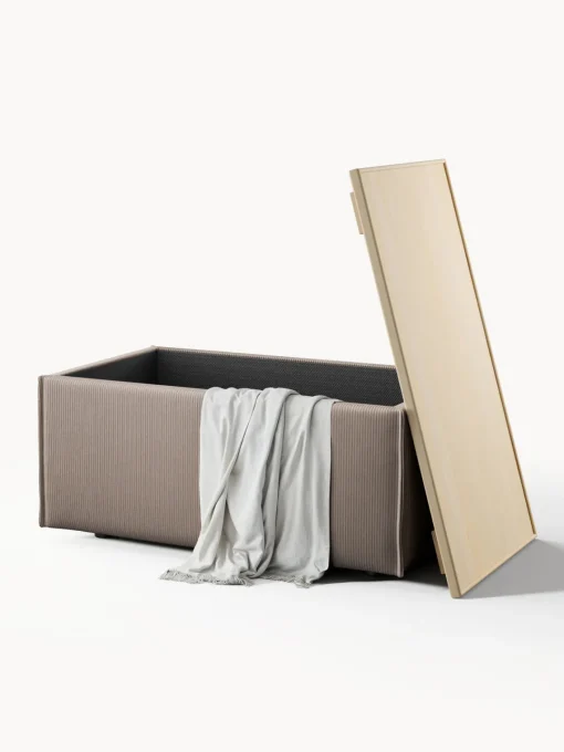 Reposapiés|Sofás>Westwing Collection Reposapiés puf de pana con espacio de almacenamiento Lennon Pana taupe, madera de roble clara