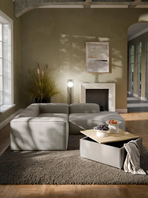 Reposapiés|Sofás>Westwing Collection Reposapiés puf de pana con espacio de almacenamiento Lennon Pana gris, madera de roble clara