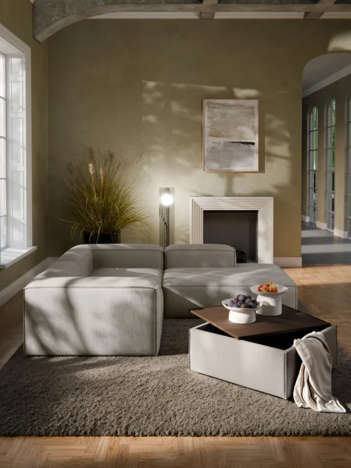 Reposapiés|Sofás>Westwing Collection Reposapiés puf de pana con espacio de almacenamiento Lennon Pana gris, madera de roble oscura