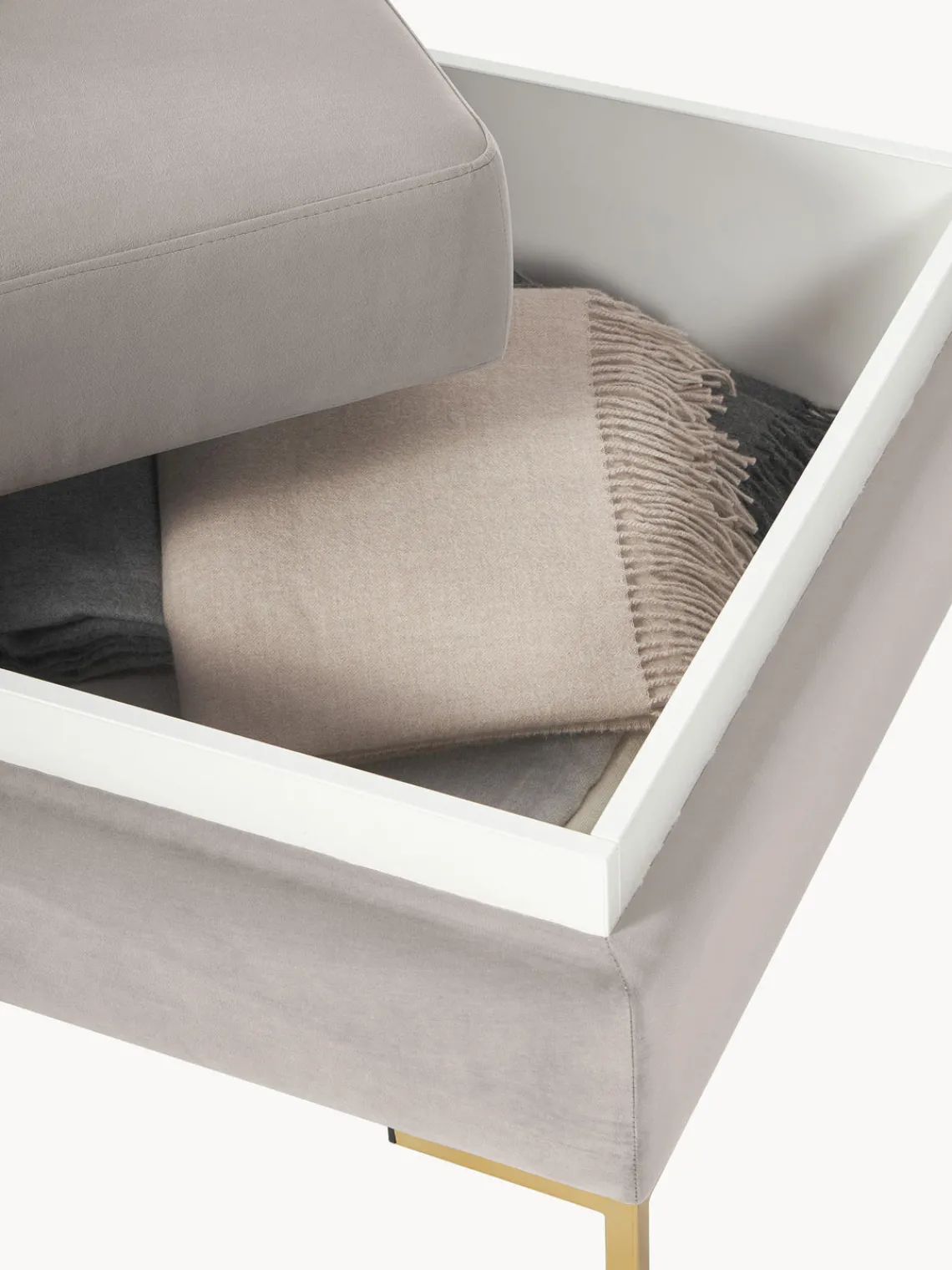 Reposapiés|Sofás>Westwing Collection Reposapiés puf de terciopelo con espacio de almacenamiento Luna Terciopelo greige, dorado