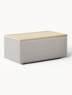 Reposapiés|Sofás>Westwing Collection Reposapiés puf en tejido bouclé con espacio de almacenamiento Lennon Bouclé taupe, madera de roble oscura