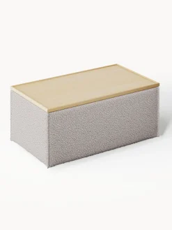 Reposapiés|Sofás></noscript>Westwing Collection Reposapiés puf en tejido bouclé con espacio de almacenamiento Lennon Bouclé taupe, madera de roble oscura