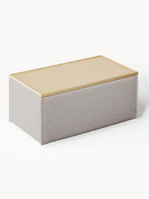 Reposapiés|Sofás>Westwing Collection Reposapiés puf en tejido bouclé con espacio de almacenamiento Lennon Bouclé taupe, madera de roble oscura