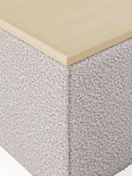 Reposapiés|Sofás>Westwing Collection Reposapiés puf en tejido bouclé con espacio de almacenamiento Lennon Bouclé taupe, madera de roble oscura