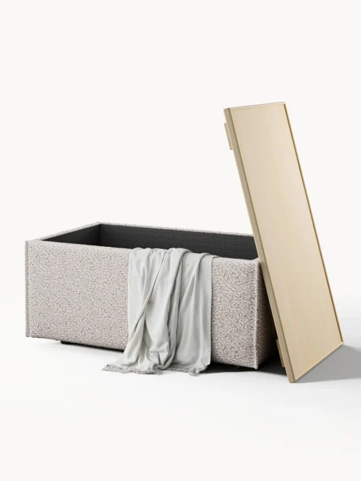 Reposapiés|Sofás>Westwing Collection Reposapiés puf en tejido bouclé con espacio de almacenamiento Lennon Bouclé taupe, madera de roble oscura