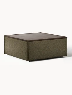 Reposapiés|Sofás>Westwing Collection Reposapiés puf en tejido bouclé con espacio de almacenamiento Lennon Bouclé verde oliva, madera de roble oscura