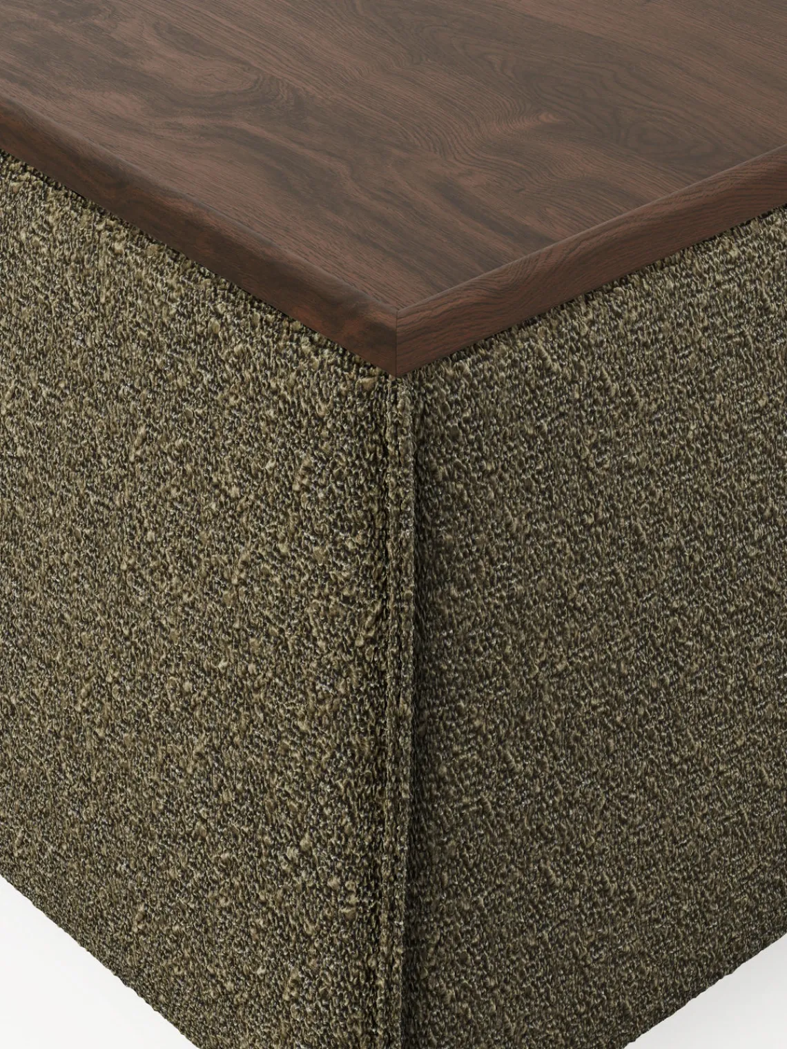 Reposapiés|Sofás>Westwing Collection Reposapiés puf en tejido bouclé con espacio de almacenamiento Lennon Bouclé verde oliva, madera de roble oscura