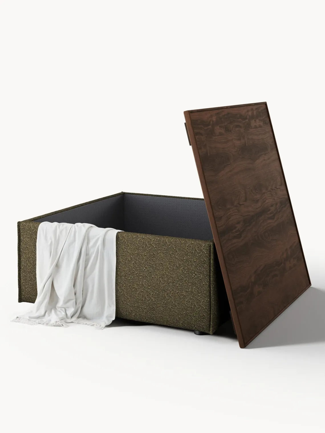 Reposapiés|Sofás>Westwing Collection Reposapiés puf en tejido bouclé con espacio de almacenamiento Lennon Bouclé verde oliva, madera de roble oscura