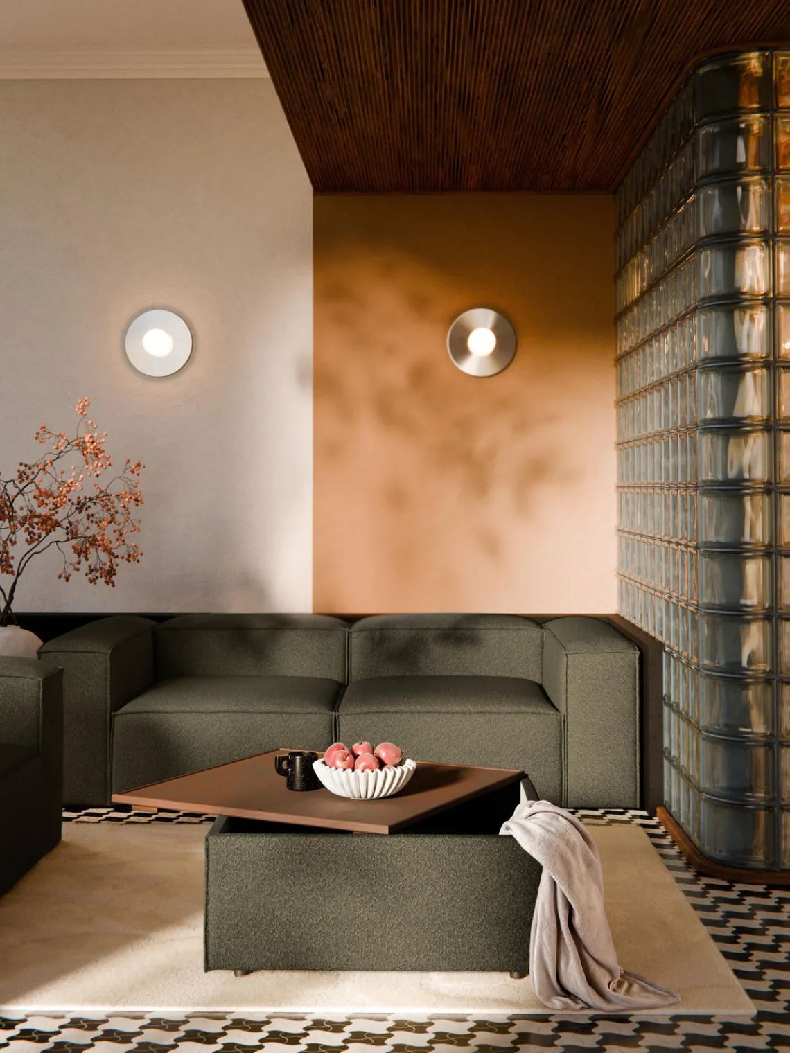 Reposapiés|Sofás>Westwing Collection Reposapiés puf en tejido bouclé con espacio de almacenamiento Lennon Bouclé verde oliva, madera de roble oscura