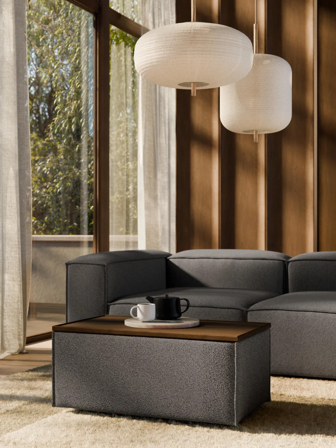 Reposapiés|Sofás>Westwing Collection Reposapiés puf en tejido bouclé con espacio de almacenamiento Lennon Bouclé greige, madera de roble oscura