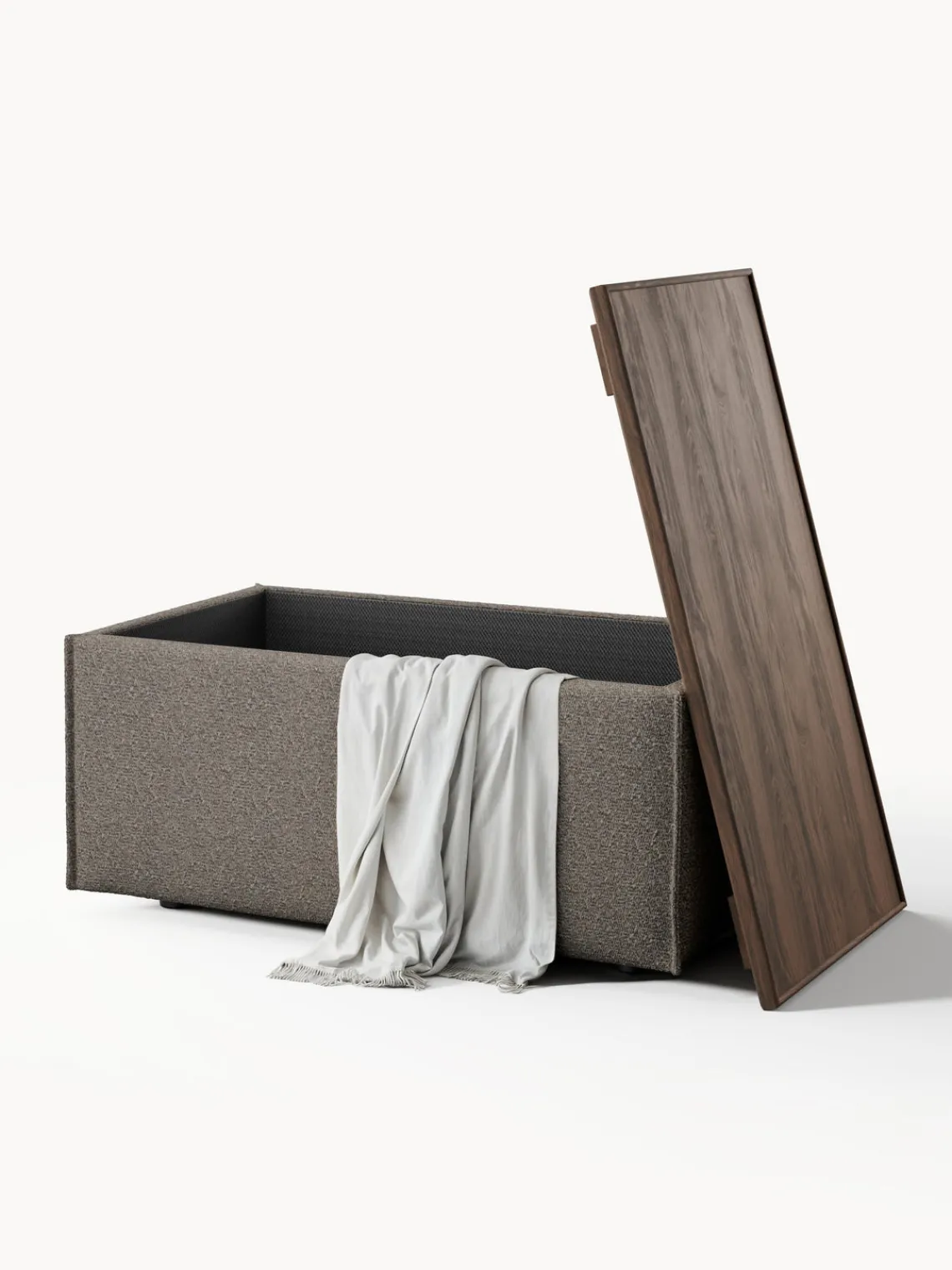 Reposapiés|Sofás>Westwing Collection Reposapiés puf en tejido bouclé con espacio de almacenamiento Lennon Bouclé greige, madera de roble oscura