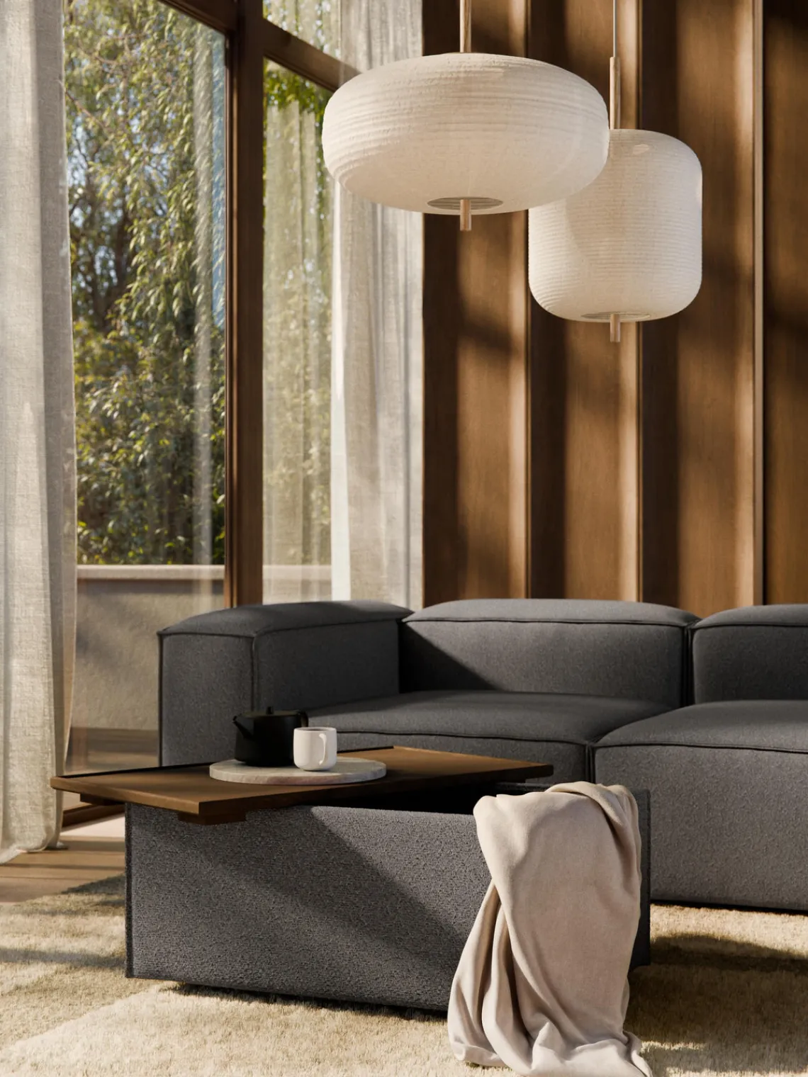 Reposapiés|Sofás>Westwing Collection Reposapiés puf en tejido bouclé con espacio de almacenamiento Lennon Bouclé greige, madera de roble oscura