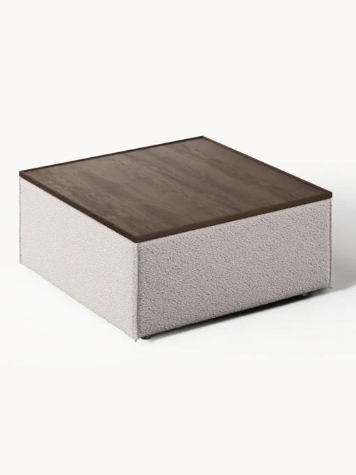 Reposapiés|Sofás>Westwing Collection Reposapiés puf en tejido bouclé con espacio de almacenamiento Lennon Bouclé taupe, madera de roble oscura