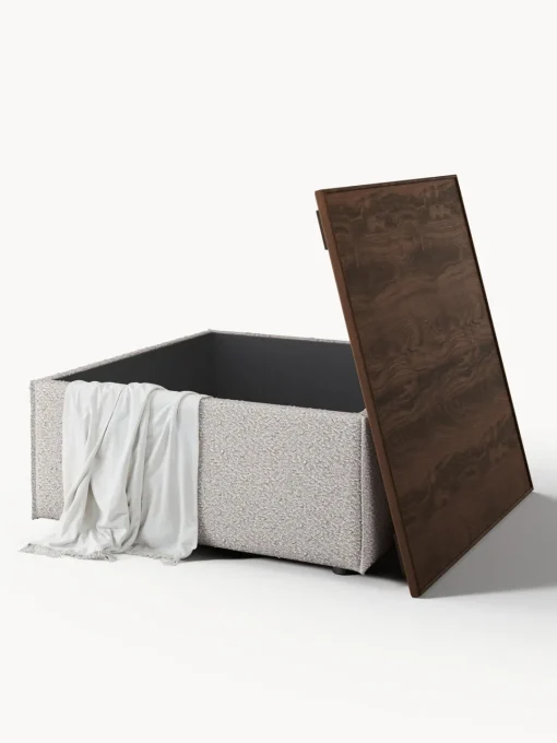 Reposapiés|Sofás>Westwing Collection Reposapiés puf en tejido bouclé con espacio de almacenamiento Lennon Bouclé taupe, madera de roble oscura