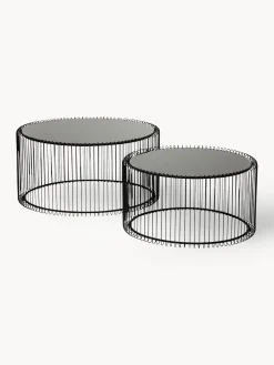 Mesas De Centro|Mesas De Centro>Kare Design Set de mesas de centro Wire, 2 uds., tablero de vidrio Negro, cristal espejado tintado en negro