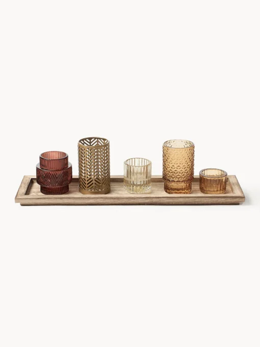 Sale Set de portavelas con bandeja de madera Elviena, 6 pzas. Farolillos|Jarrones