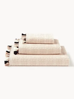 Toallas|Mantas>Westwing Collection Set de toallas de terciopelo con flecos Tallulah, tamaños diferentes Beige, tonos blancos y beige