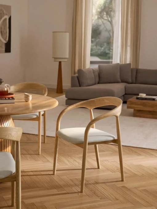 Sillas De Madera|Sillas Con Reposabrazos>Westwing Collection Silla con reposabrazos de madera de fresno y asiento tapizado Camille Tejido blanco Off White, madera de fresno clara