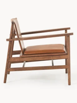 New Silla con reposabrazos de madera de fresno y asiento de cuero Hayo Sillones Pequeños|Sillones