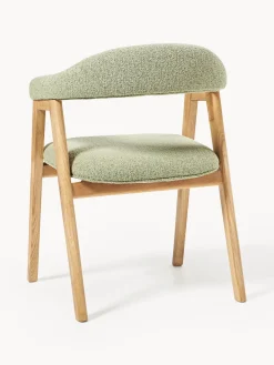 Sillas Con Reposabrazos|Sillas></noscript>Westwing Collection Silla con reposabrazos tapizada en tejido bouclé Nik Bouclé verde salvia, madera de roble barnizada