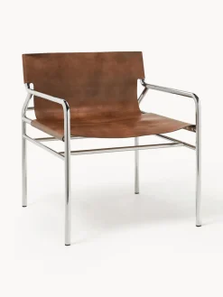 Sillones Pequeños|Sillones>Westwing Collection Sillón de cuero Dion Cuero marrón brillante, plateado