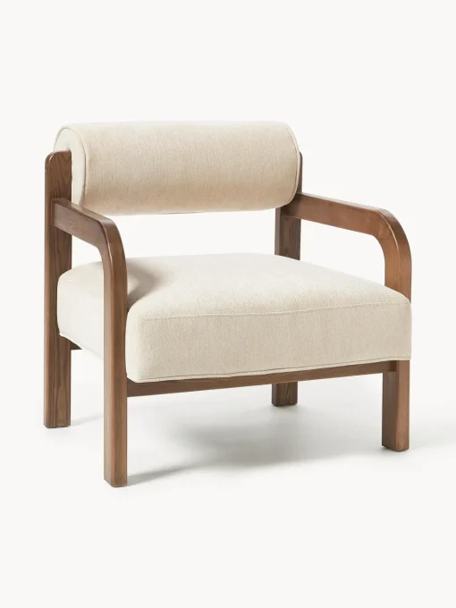 Sillones Pequeños|Sillones>Westwing Collection Sillón de madera de fresno Raymond Chenilla beige, madera de fresno lacada en marrón oscuro