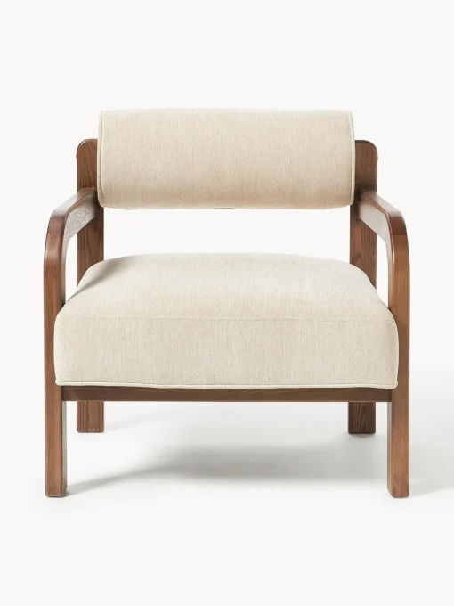 Sillones Pequeños|Sillones>Westwing Collection Sillón de madera de fresno Raymond Chenilla beige, madera de fresno lacada en marrón oscuro