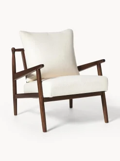 Sillones Pequeños|Sillones>Westwing Collection Sillón en tejido bouclé Mikkel Bouclé blanco Off White, madera de caucho, marrón oscuro pintado