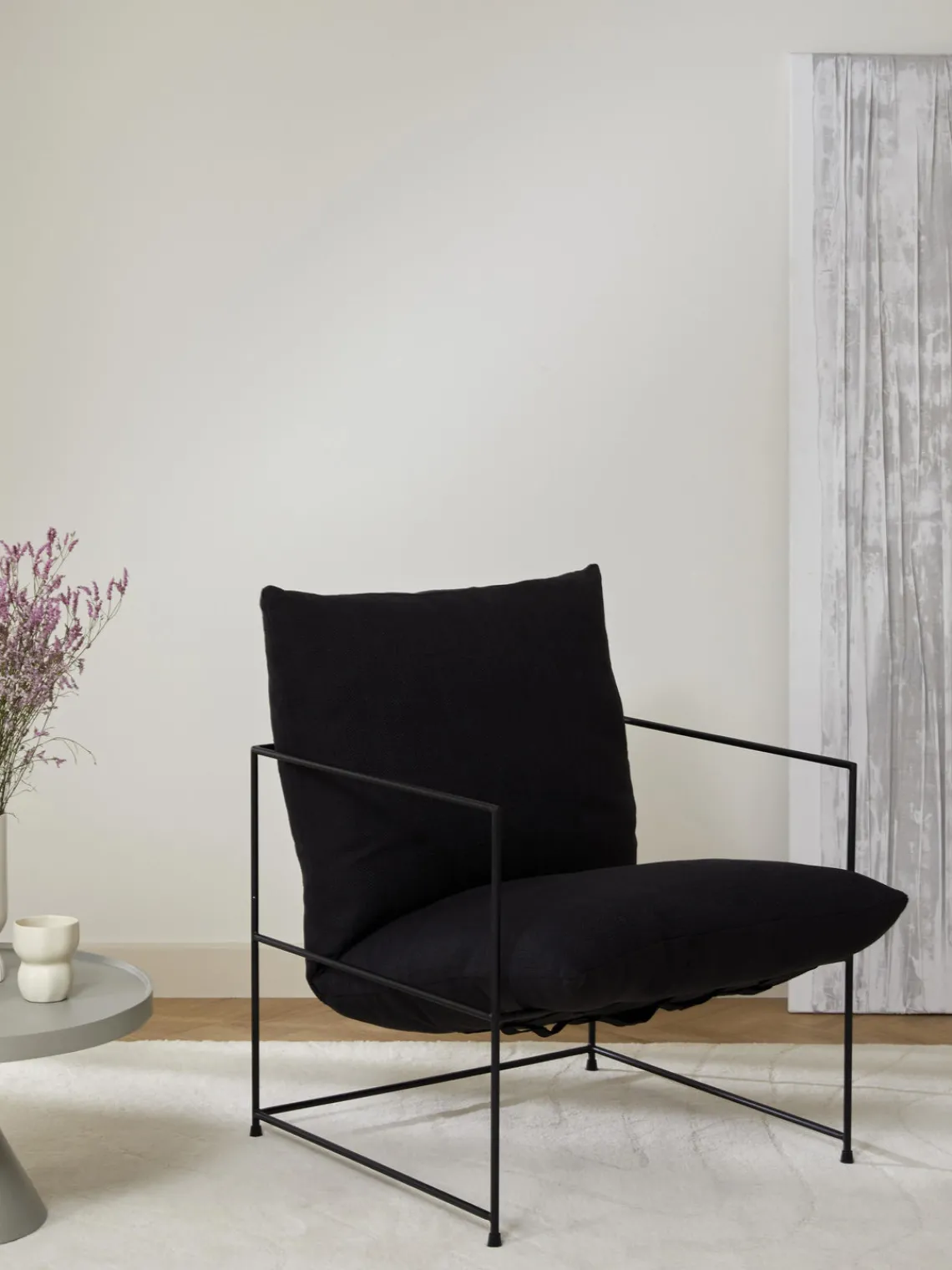 Sillones Pequeños|Sillones>Westwing Collection Sillón tapizado Wayne Mezcla de lino negro