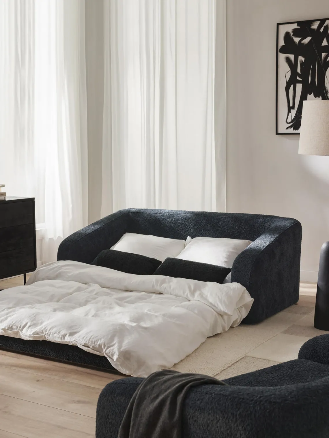 Sofás Cama|Sofás>Westwing Collection Sofá cama de borreguillo bouclé Eliot (2 plazas) Borreguillo bouclé gris antracita